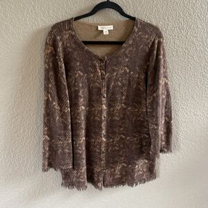 Coldwater Creek Cardigan Womens Large Brown Animal Print Cashmere Blend Fringe